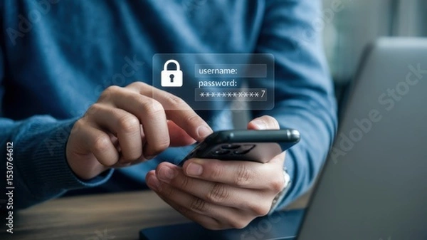 Fototapeta Person entering credentials on a mobile device.