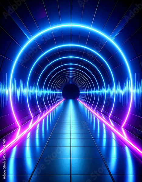 Fototapeta Glowing neon lights in blue and pink create a futuristic tunnel with wave-like patterns, reflecting off the glossy tiles and drawing the viewer into a sci-fi dimension.	