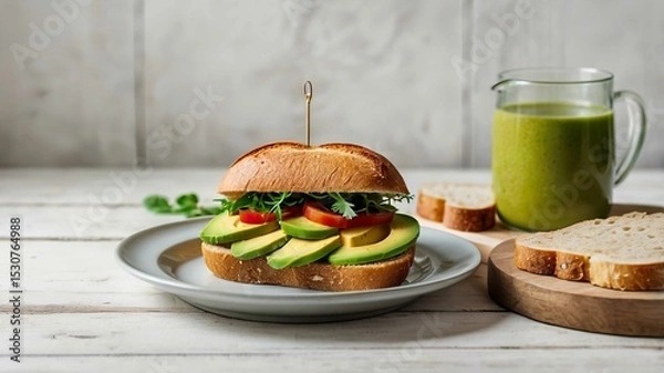 Obraz Vegetarian healthy food. Soup and vegan sandwiches. Different sandwiches with avocado.