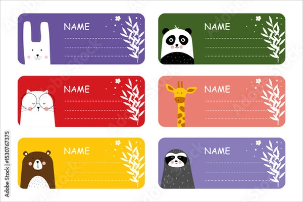 Fototapeta Name tag set. Colored school labels for kids and class names with cute animal. Notebook Labels. children's education. Vector illustration