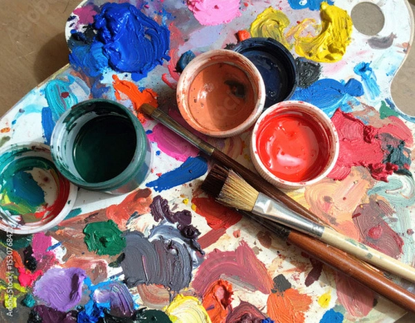 Fototapeta An artist's messy yet vibrant palette holds a variety of colorful paints, brushes, and mixing pots, capturing the creative energy of the painting process.