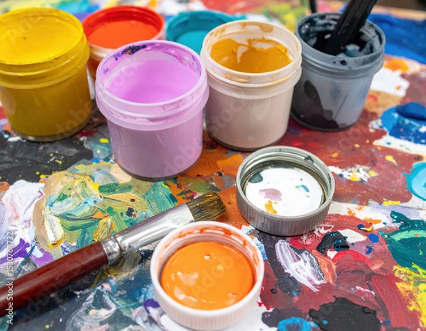 Fototapeta An artist's messy yet vibrant palette holds a variety of colorful paints, brushes, and mixing pots, capturing the creative energy of the painting process.