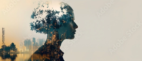 Fototapeta profile of young woman with head filled with urban scenery; on top of her head rest of leaves; concept of wellness, necesity to charge batteries durring summer holiday & calming nature impact
