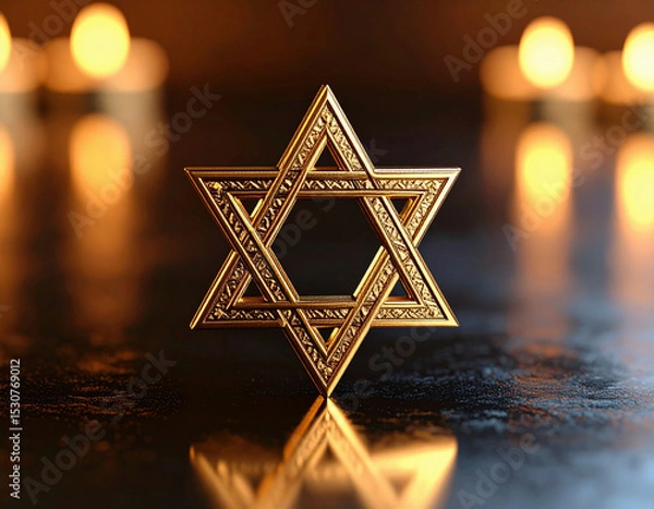 Fototapeta A beautifully crafted golden Star of David stands upright on a reflective surface, surrounded by softly glowing candles that create a serene and spiritual atmosphere.