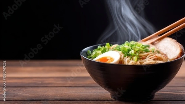Fototapeta Delicious steaming bowl of ramen with egg and greens, served on a wooden table against dark background