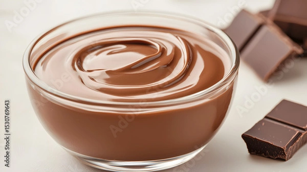 Fototapeta A clear glass bowl filled with smooth, creamy chocolate spread, accompanied by pieces of dark chocolate on a white surface.