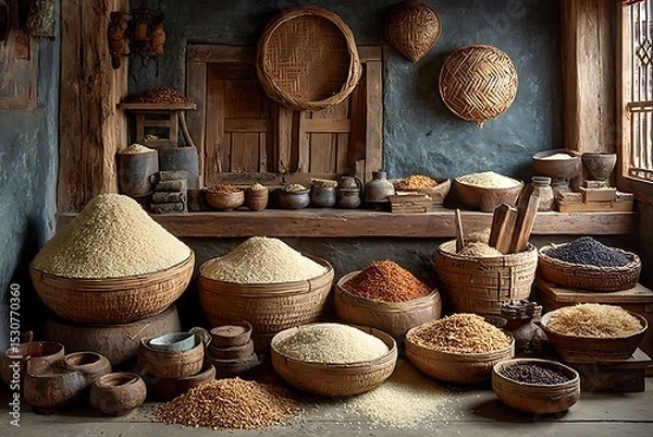 Fototapeta Grain-filled baskets in old style room high resolution picture