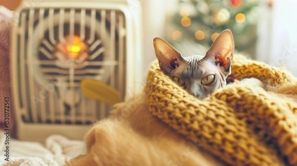Fototapeta Cat Wrapped in Knit Blanket by Heater in Cozy Winter Setting