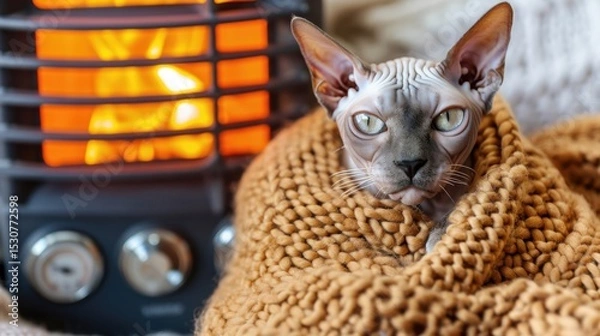 Fototapeta Cozy Sphynx Cat Wrapped in Warm Blanket by Heater in Home Environment