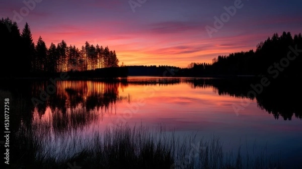 Fototapeta Tranquil Sunset Reflection Over Calm Lake Surrounded by Forest