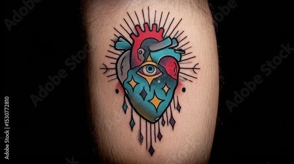 Fototapeta Colorful and Artistic Heart Tattoo with Eye and Decorative Elements