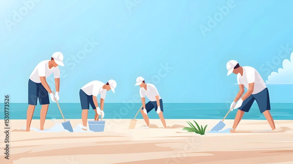 Fototapeta Four people in white shirts and caps clean a sandy beach near the ocean on a clear day, removing debris and caring for the environment.