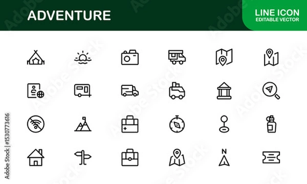 Fototapeta Explore the world with this dynamic Adventure icon set, featuring clean, versatile designs perfect for travel, exploration, and outdoor projects on stock platforms.