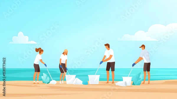 Obraz Four people wearing gloves cleaning a beach, collecting trash in bags and buckets against a clear sky and ocean backdrop.