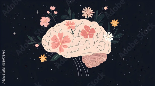 Obraz A stylized brain with blooming flowers, set against a starry night sky, symbolizing growth, creativity, and mental wellness.