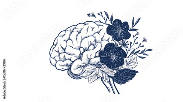 Obraz Illustration of a human brain intertwined with detailed floral elements, symbolizing the connection between nature and the mind.