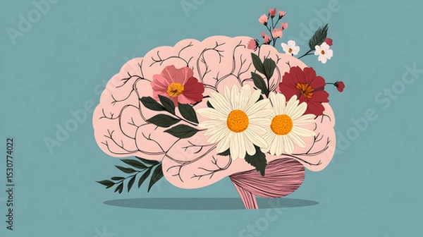 Obraz A human brain illustration with various flowers blooming from it, symbolizing growth, creativity, and mental health.