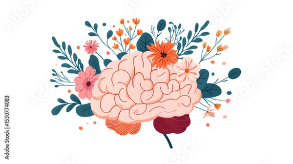 Obraz Illustration of a human brain surrounded by colorful flowers and leaves, symbolizing creativity, growth, and mental well-being.
