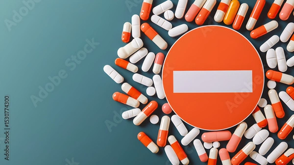 Obraz A collection of red and white capsules surrounds a red "no entry" sign, symbolizing medication restrictions or prohibition.