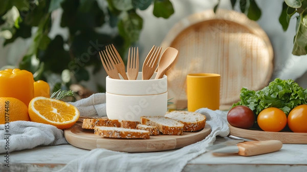 Obraz A rustic kitchen setup featuring sliced bread, fresh oranges, wooden utensils, and vibrant vegetables on a linen-covered table with greenery in the background.