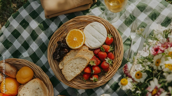 Obraz A picnic setup featuring a wicker basket with bread, strawberries, an orange half, and other snacks on a green and white checkered blanket with flowers nearby.