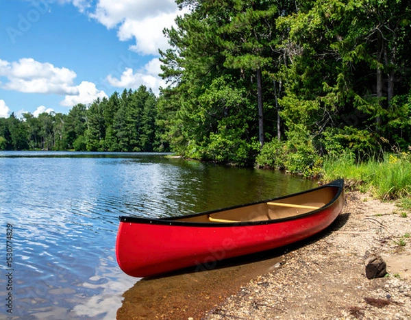 Fototapeta A bright red canoe rests peacefully on the sandy shore of a calm forest lake, surrounded by lush green trees under a vibrant blue sky filled with fluffy clouds.