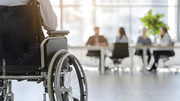 Obraz A wheelchair in the foreground with a group of people in a meeting in the background in a bright office setting.