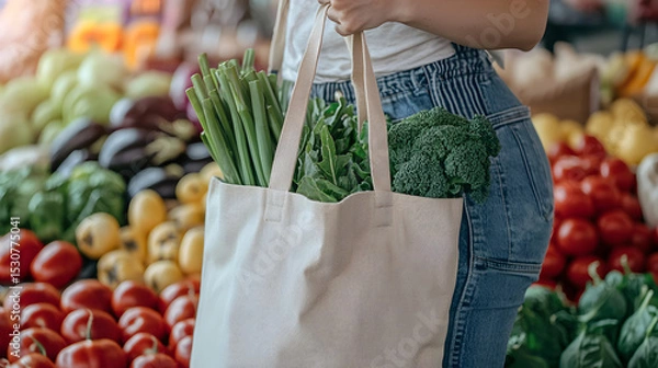 Obraz A person holding a reusable tote bag filled with fresh green vegetables at a vibrant farmers market.