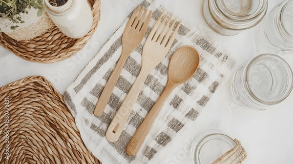 Obraz Wooden forks and spoon on a striped cloth, surrounded by woven placemats and glassware on a white table.
