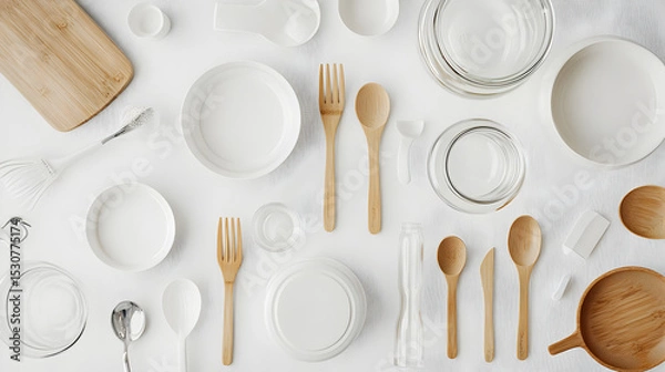 Obraz A flat lay of eco-friendly kitchenware including wooden utensils, glass bowls, ceramic plates, and silicone spatulas arranged on a white surface.