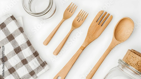 Obraz A flat lay of wooden kitchen utensils, a glass jar with a cork lid, a glass cup, and a checkered cloth on a white surface.