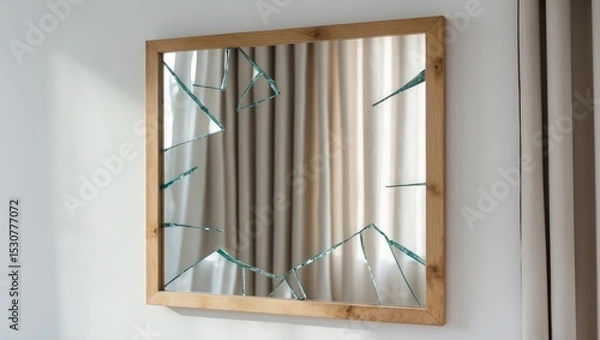 Fototapeta Cracked mirror with numerous fractures positioned near a white wall. Space for text