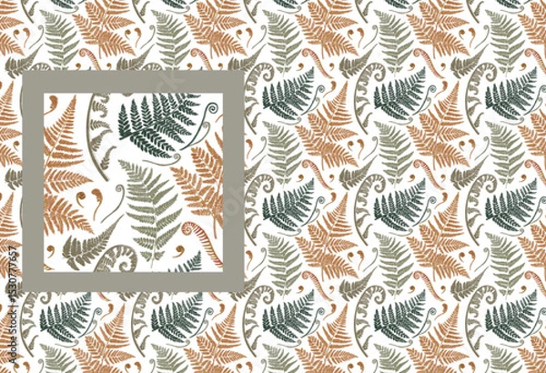 Fototapeta Botanical foliage white pattern wallpaper. Multicolored leaves fern branches illustration. Victorian provence style