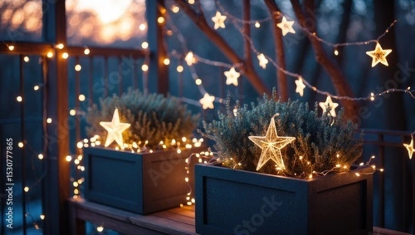 Obraz Christmas and New Year light display with a star garland in the branches.