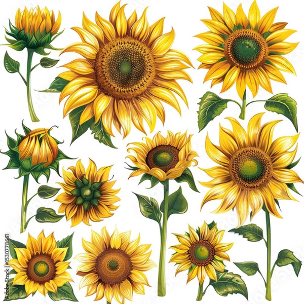 Fototapeta Sunflower Vector Collection On White. Floral Illustration For Backgrounds And Designs.