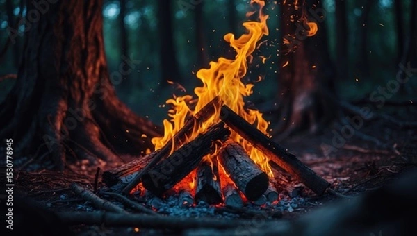 Fototapeta Bonfire in the forest, a tourist camp, resting place, and picnic area.