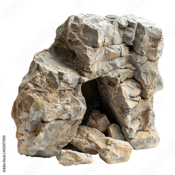 Fototapeta Rock Cave Entrance Isolated. Natural Stone Arch Background For Aquarium Or Terrarium. Rough Texture And Neutral Grey Color.