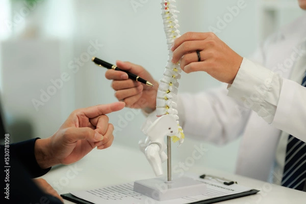 Fototapeta Doctor consulting with a patient suffering from back pain, offering guidance and treatment options for spinal care.
