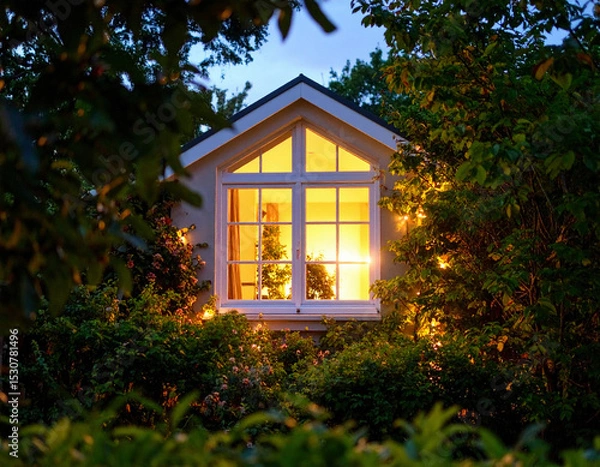 Fototapeta Warm light spills through a cozy window framed by lush greenery at dusk, revealing a peaceful interior with glowing decorations and potted plants on the sill.	