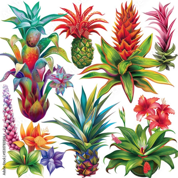 Fototapeta Exotic Pineapple And Flowers Illustration Set Isolated On White. Vibrant Tropical Flora For Pattern Design, Fabric, Invitations.