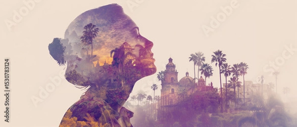 Fototapeta double exposure aesthetic design with holiday maker profile and tropical paradise scenery; concept of summer travel