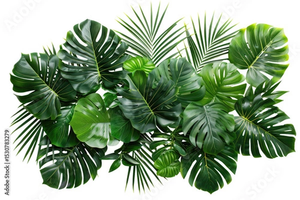 Fototapeta Tropical Leaves Lush Backdrop. Fresh Green Monstera And Palm Fronds Create A Natural, Vibrant Scene On White.