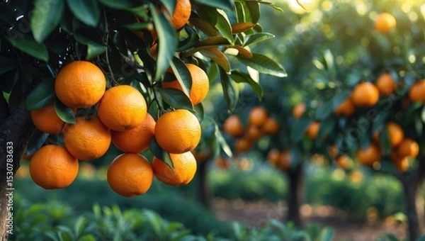 Fototapeta Close-up of tangerine trees in the garden, with selective focus.