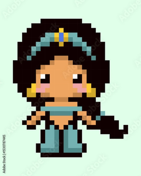 Fototapeta Cute Pixel Art Oriental Princess Character. Retro Princess with Headband and Long Braid for Game Design and Illustrations