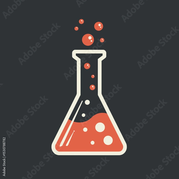 Fototapeta Laboratory flask with bubbling red liquid on dark background  