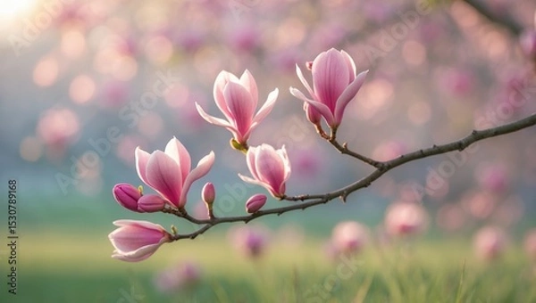 Fototapeta Close-up of a blooming pink magnolia tree set against a sunset. Lovely branch of pink magnolia. Selective focus. Lovely spring floral backdrop.