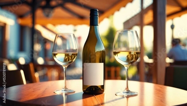 Obraz Bottle of chilled white wine and two glasses placed on a wooden table at an outdoor restaurant.