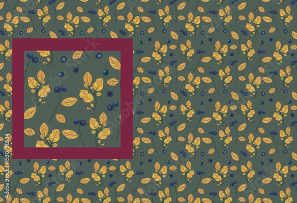 Fototapeta Yellow cozy leaves on green background. Blue berry autumn wallpaper. Golden foliage seamless pattern.