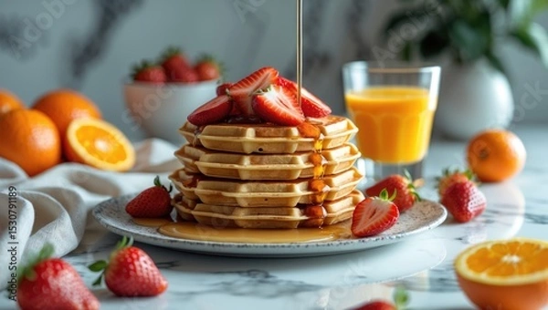 Fototapeta Breakfast featuring Waffles and Freshly Squeezed Juice