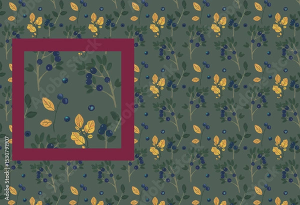 Fototapeta Autumn leafy seamless wallpaper. Leaves and berry branches green pattern in provence natural forest style